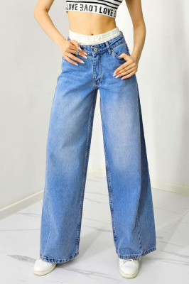 Blugi mom fit Qatar, cu banda elastica in talie si aspect prespalat, Albastru deschis detaliu