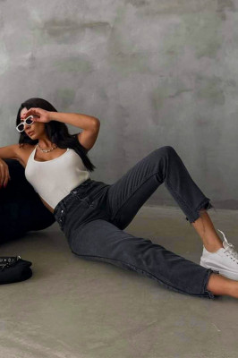 Blugi mom slimfit Colombo, cu perforatii la baza piciorului si talie inalta  2
