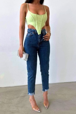 Blugi mom slimfit Colombo, cu perforatii la baza piciorului si talie inalta, Albastru denim 1