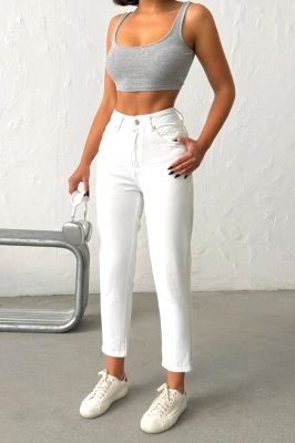 Blugi mom slimfit Montreal, cu pietre roz si buzunare, Alb