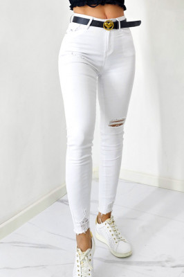 Blugi skinny DARY, cu talie inalta, curea si perforatii pe linia piciorului, Alb