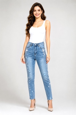 Blugi slim fit conici Genova, cu strasuri si perforatii medii, Albastru deschis
