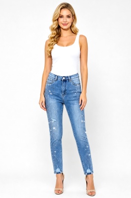 Blugi slim fit RAVENNA, cu strasuri dense si perforatii, Albastru