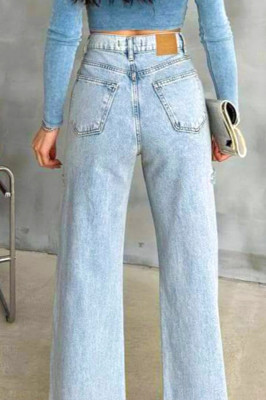 Blugi wide leg Huarez, cu perforatii simetrice la genunchi, Albastru zapada spate
