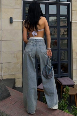 Blugi wide leg Qatar, cu banda elastica in talie si aspect prespalat, Albastru vintage spate