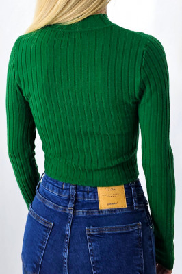 Bluza casual Claudine, cu guler inalt si detaliu impletit, Verde, Marime S/M 2