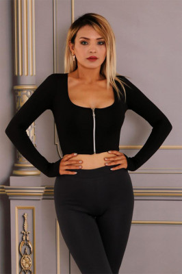 Bluza crop Catryna, cu fenta pentru deget si fermoar, Negru3
