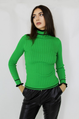Bluza Renia, cu volane minimaliste la guler si nasturi cu cristale decorative, Verde