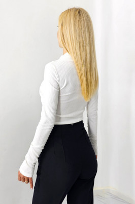 Bluza tip body Fleur, cu aspect drapat si maneca lunga, Alb, Marime S/M 4