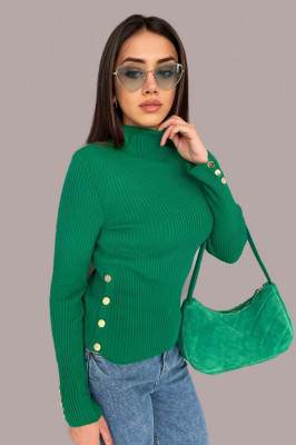 Bluza tricot Hella, cu guler inalt, striatii si detalii metalice, Verde1