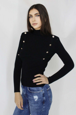 Bluza tricot Lya, cu guler inalt, striatii si aplicatii metalice, Negru1