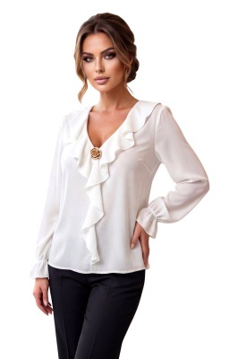 Bluza vaporoasa de dama, NORIA, cu volane si brosa aurie, Alb, Marime S/M