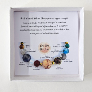 Bratara 10 Planets Red Veined White Onyx, din pietre semipretioase in cutie cadou, semnificand planetele galaxiei 2