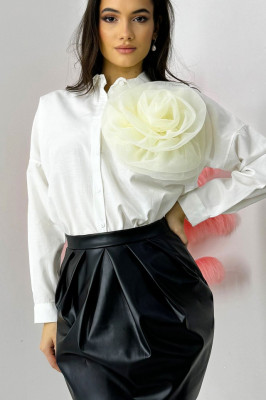 Camasa bumbac Organza Sweet, cu accesoriu floral oversize, detasabil, Alb, Marime S/M 4
