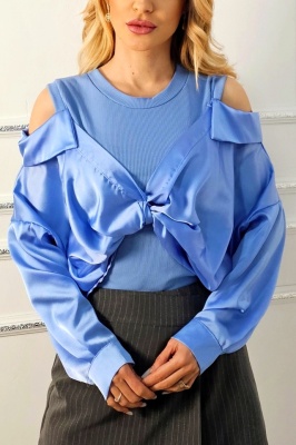 Camasa casual de dama ATLAZ, cu maneca lunga supradimensionata si umerii goi, Albastru Cyan, Marime S/M