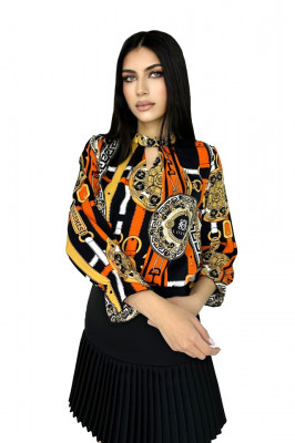 Camasa dama TYA, maneca trei sferturi cu manseta evazata si guler tip choker, Orange Royal1