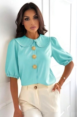 Camasa DARYA din bumbac, cu brose aurii si guler Peter Pan, Turquoise, Marime S/M/L