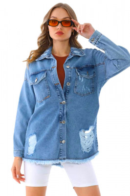 Camasa denim Sharin, croi lung, simetric si perforatii ample, Albastru 3