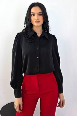 camasa negru office dama cu accesoriu perla
