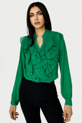 Camasa eleganta Dariana, cu textura vaporoasa, maneca lunga si volane maxi cu aspect plisat, Verde, Marime universala S/M/L