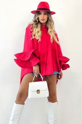 Camasa eleganta Sugar LoLLy, maneci cu volane si croi supradimensionat, Rosu, Marime S/M/L 3