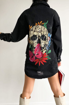Camasa lunga din denim, Sahar, Skeleton, Negru2