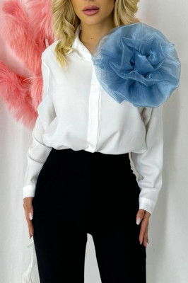 Camasa office Alizee, cu accesoriu floral din organza, Alb/Bleu, Marime S/M 1