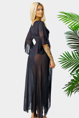 Cardigan de plaja LEXA, cu maneca evazata si snur in talie, Negru spate
