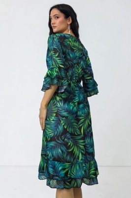Rochie midi de plaja Amber Muse, cu volane si snur reglabil, Jungle Print detaliu spate