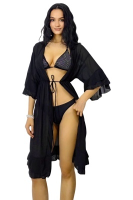 Cardigan vaporos de plaja dama verde Amber Muse, din poliester si spandex, cu volane feminine si snur elastic in rejansa