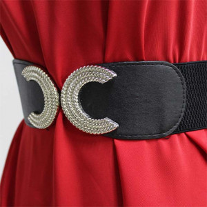 Centura corset Tent neagra, lata, din piele ecologica, elastica cu catarame in forma de "C"