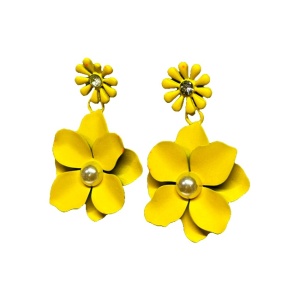 Cercei lungi Theona, design floral, cu tija si pietre artizanale, Galben 5
