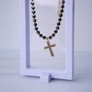 Colier unisex din inox, Desire, de tip rozariu, cu pandativ tip cruce, ambalat in cutie deosebita, Cristale mici