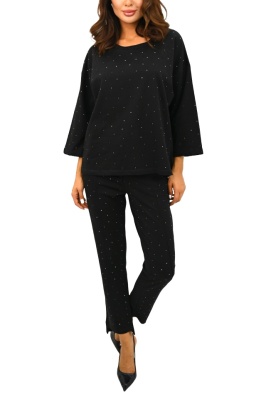 Compleu asimetric Radiant Pair, pantaloni si bluza cu pietre decorative, Negru 4