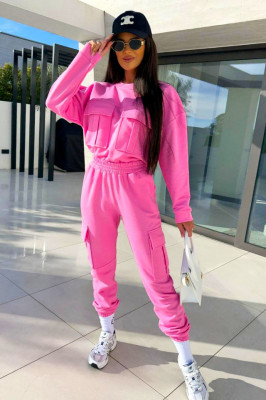 Compleu bumbac Sprendy, cu bluza lejera si pantaloni cu buzunare oversize, Roz