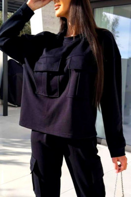 Compleu bumbac Sprendy, cu bluza lejera si pantaloni cu buzunare oversize, Negru 3