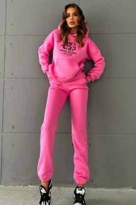 Compleu bumbac vatuit BiGest, cu gluga, inscriptionat, si croi sport, Roz