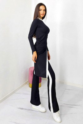Compleu casual, Agathea, pantaloni evazati si bluza lunga asimetrica, Negru/Alb spate