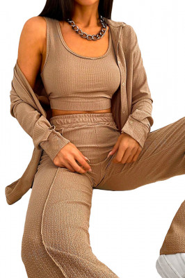 Compleu casual Aleksa, din trei piese, cu top, camasa si pantaloni evazati, Bej 1