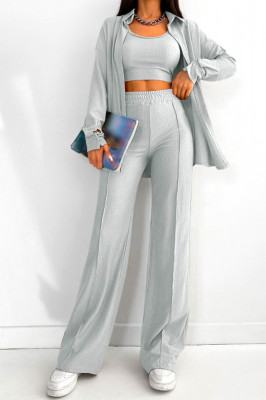 Compleu casual Aleksa, din trei piese, cu top, camasa si pantaloni evazati, Gri