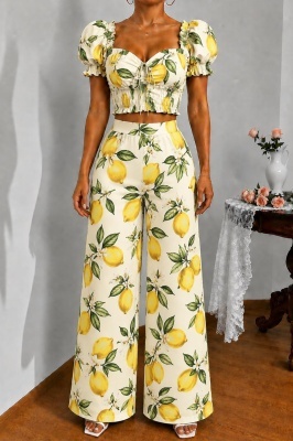 Compleu casual BRISEA, cu top scurt, bufant si pantaloni vaporosi, Lemon Print