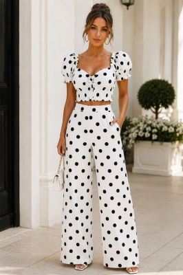 Compleu casual BRISEA, cu top scurt, bufant si pantaloni vaporosi, Print Buline Alb