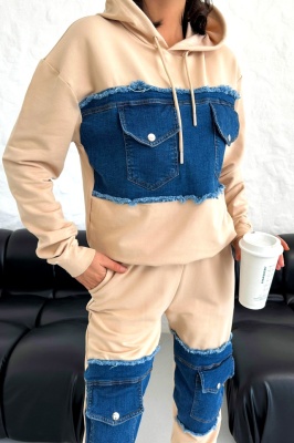Compleu casual CONGO, cu bumbac si denim, Bej 3