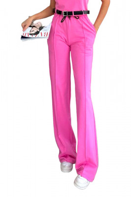 Compleu casual Kaliana, cu tricou scurt, curea si pantaloni cu nervura, Roz 3