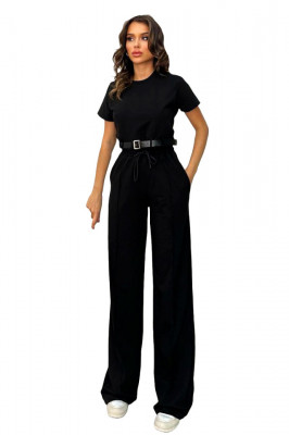 Compleu casual Kaliana, cu tricou scurt, curea si pantaloni cu nervura, Negru 5