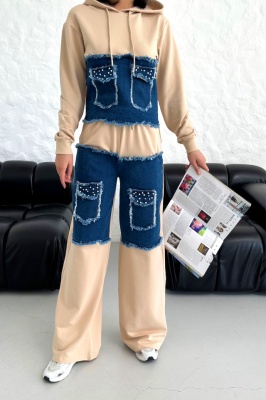 Compleu casual MIRRA Pearl, cu bumbac si denim, Bej 2