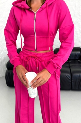Compleu casual WalKING Time, hanorac si pantaloni cu dungi in relief, Fucsia 2
