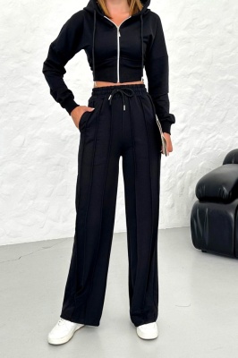 Compleu casual WalKING Time, hanorac si pantaloni cu dungi in relief, Negru 2