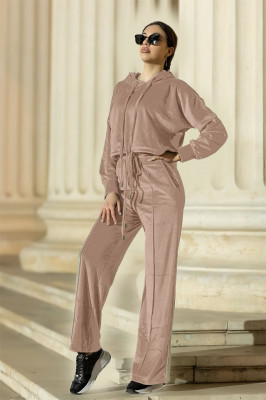 Compleu catifea Francisca pantaloni evazati si bluza cu gluga, Crem