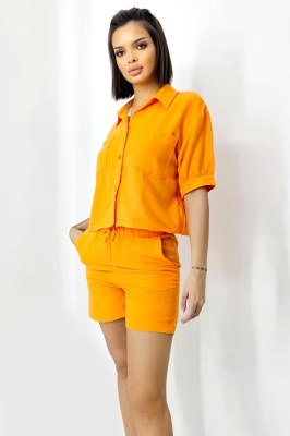 Compleu cu bumbac creponat, Keona, camasa si pantaloni scurti cu snur, Orange lateral